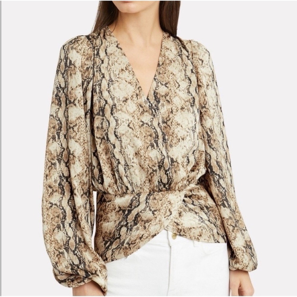 Ronny Kobo Lorie Python Snake Patterned Satin Long Sleeve V-Neck‎ Blouse Size S